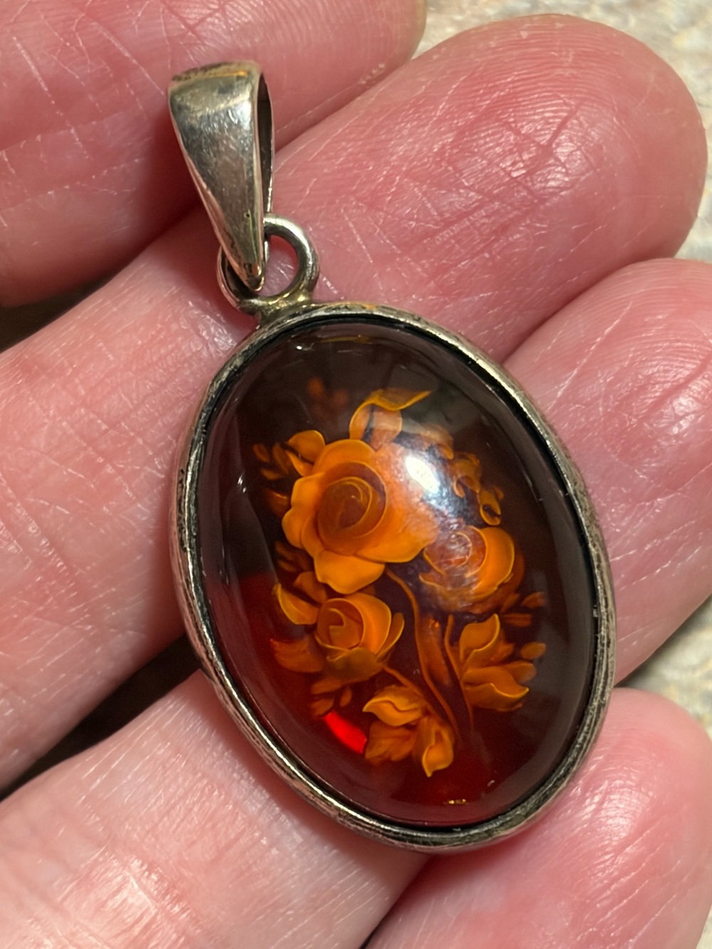 VintagePoland Sterling Silver Oval Amber? Possibly?Cabochon With Flowers Pendant - Picture 9 of 11